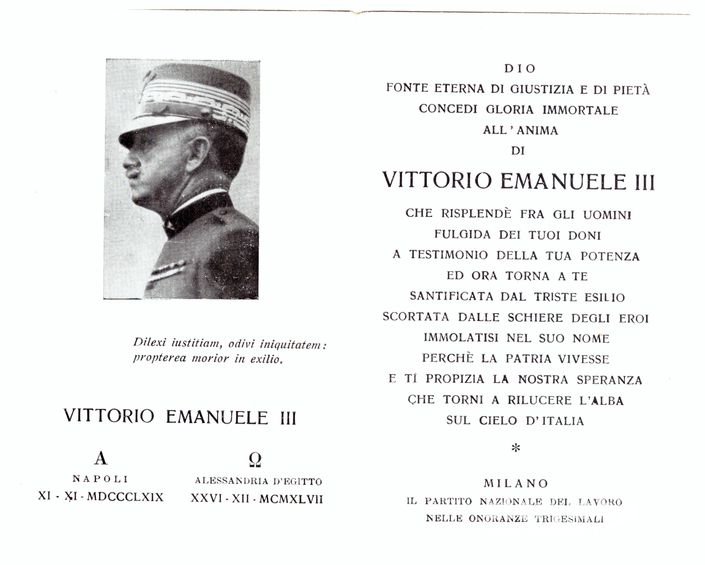 Necrologio Di S.M. Vittorio Emanuele I I I ° Re D'Italia 1900 - 1946