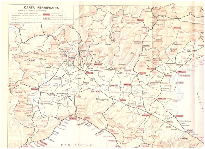 Carta Ferroviaria NORD Italia - ferrovie " secondarie" F.V.B. - F.V.S.